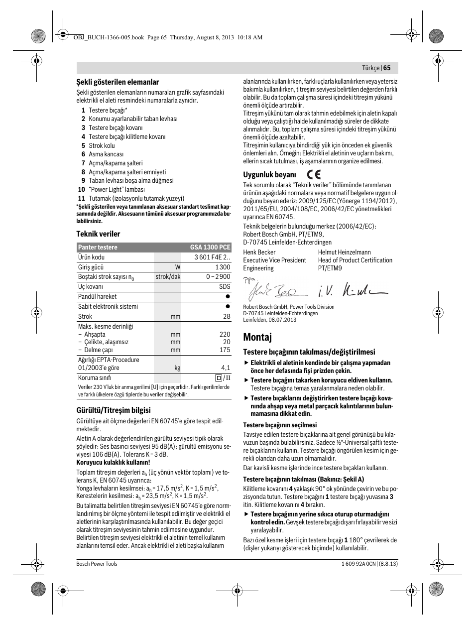Montaj | Bosch GSA 1300 PCE Professional User Manual | Page 65 / 156