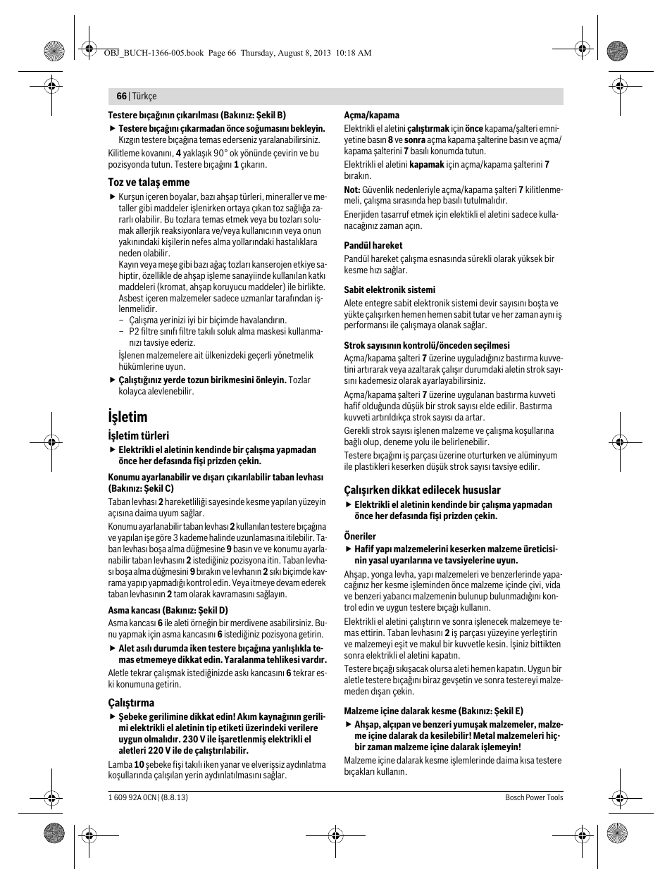 Işletim | Bosch GSA 1300 PCE Professional User Manual | Page 66 / 156