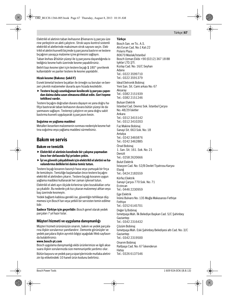 Bakım ve servis | Bosch GSA 1300 PCE Professional User Manual | Page 67 / 156