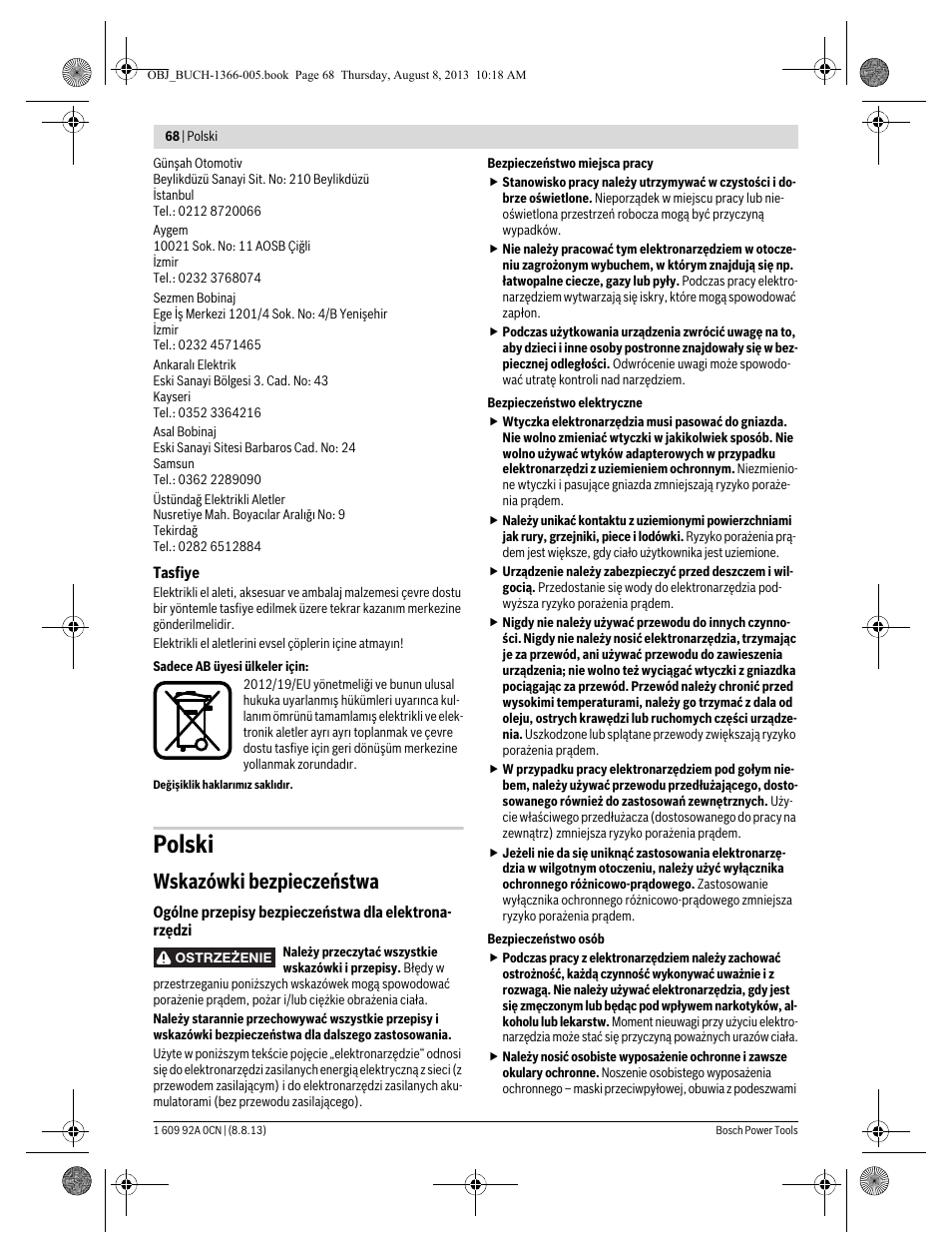 Polski, Wskazówki bezpieczeństwa | Bosch GSA 1300 PCE Professional User Manual | Page 68 / 156