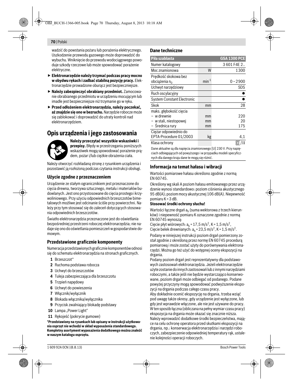 Opis urządzenia i jego zastosowania | Bosch GSA 1300 PCE Professional User Manual | Page 70 / 156