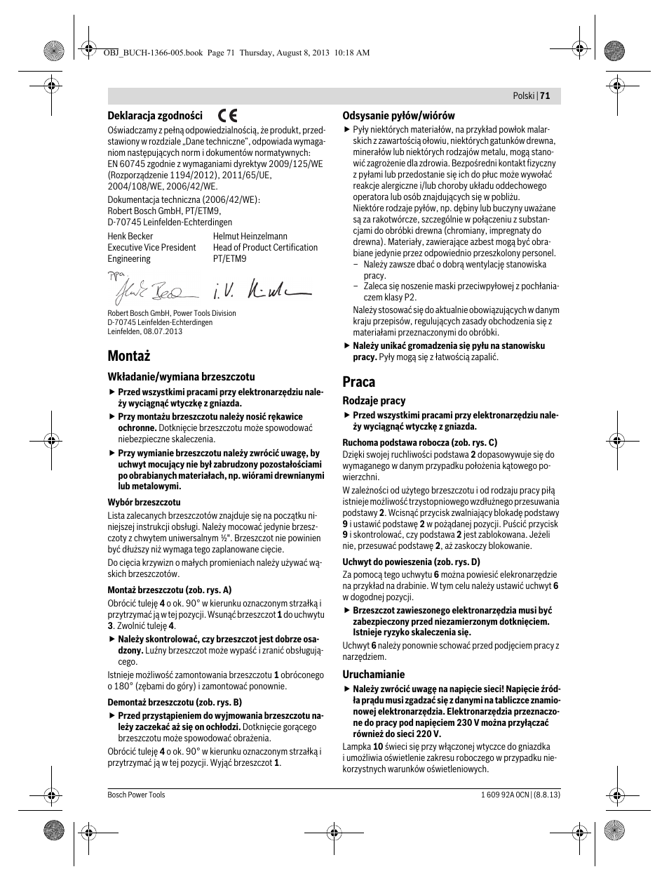 Montaż, Praca | Bosch GSA 1300 PCE Professional User Manual | Page 71 / 156