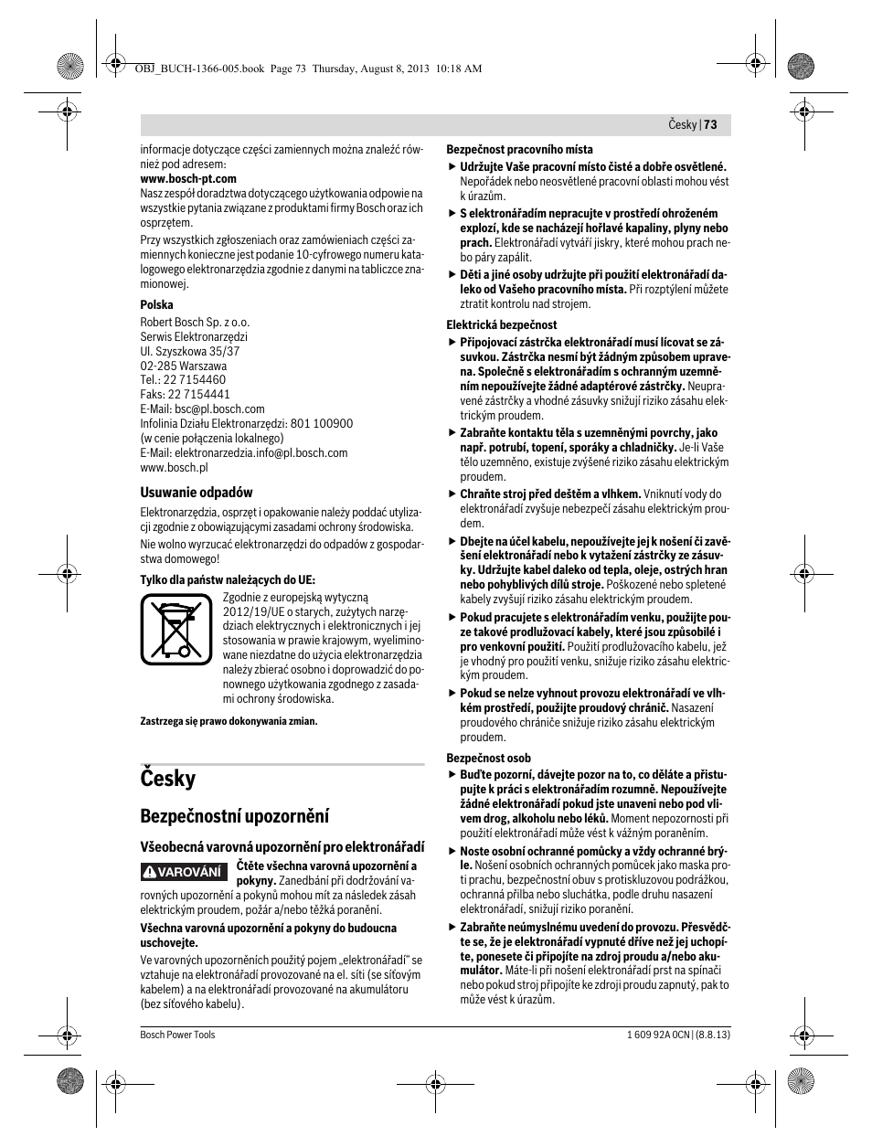 Česky, Bezpečnostní upozornění | Bosch GSA 1300 PCE Professional User Manual | Page 73 / 156