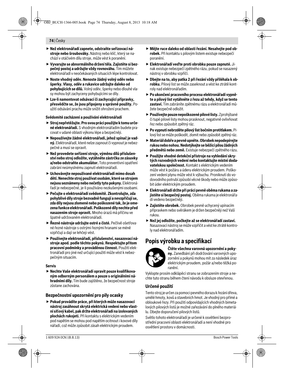 Popis výrobku a specifikací | Bosch GSA 1300 PCE Professional User Manual | Page 74 / 156