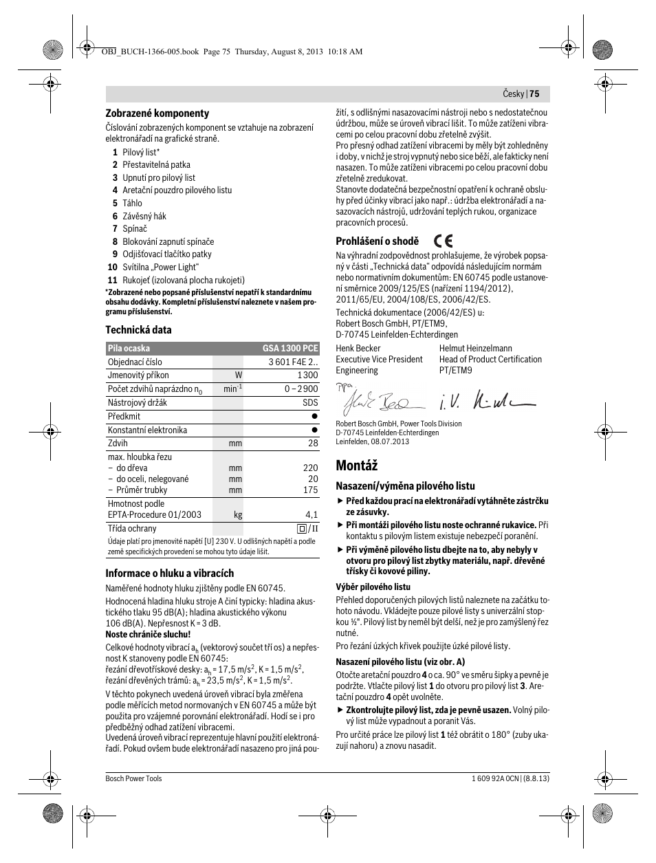 Montáž | Bosch GSA 1300 PCE Professional User Manual | Page 75 / 156