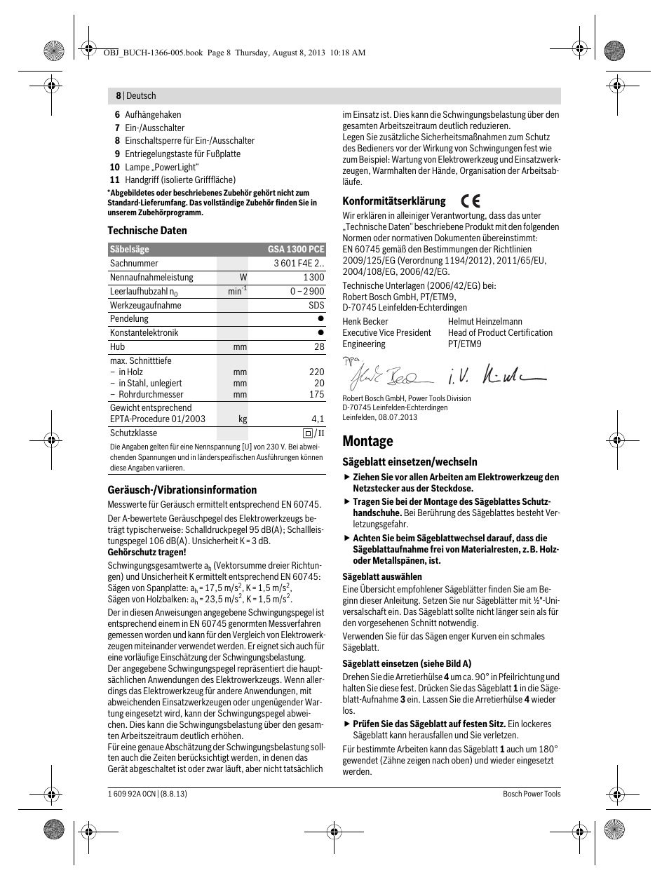 Montage | Bosch GSA 1300 PCE Professional User Manual | Page 8 / 156