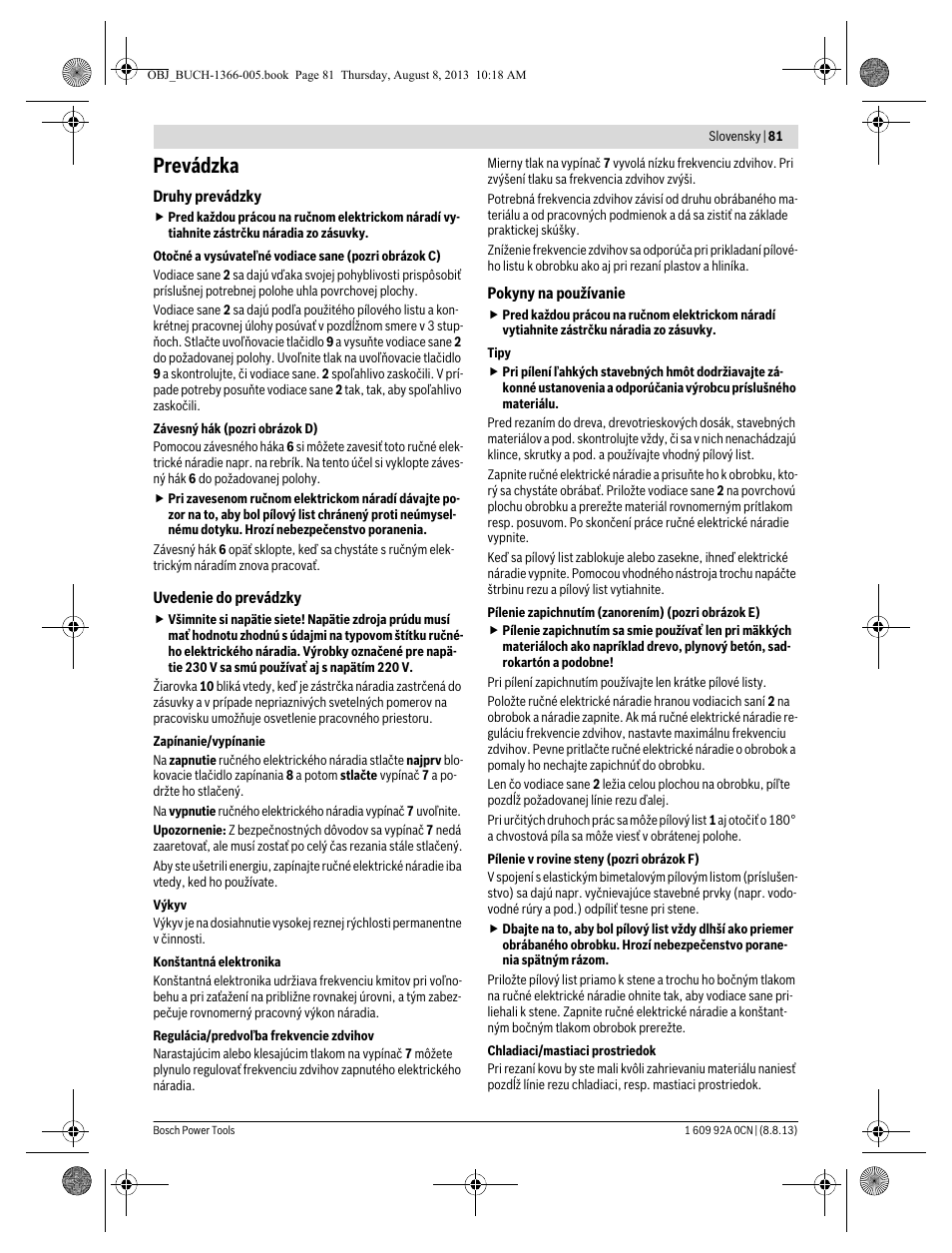 Prevádzka | Bosch GSA 1300 PCE Professional User Manual | Page 81 / 156