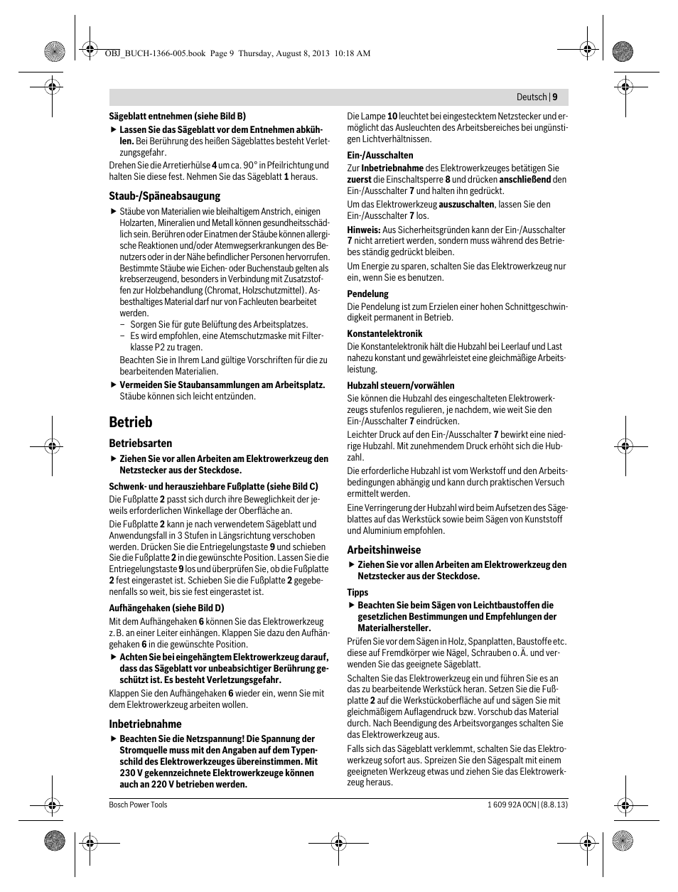 Betrieb | Bosch GSA 1300 PCE Professional User Manual | Page 9 / 156