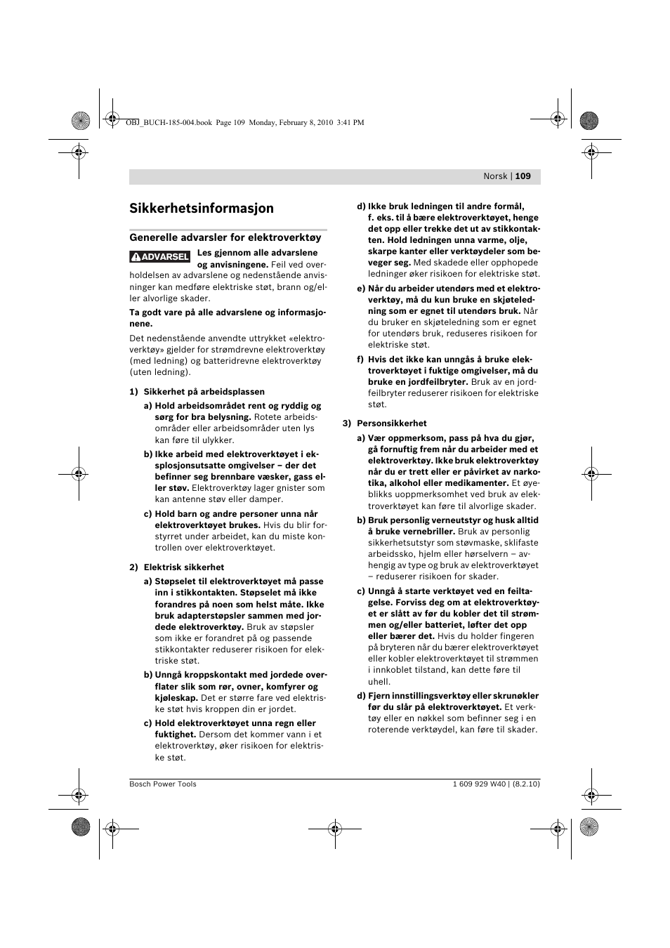 Sikkerhetsinformasjon | Bosch GKS 160 Professional User Manual | Page 109 / 333