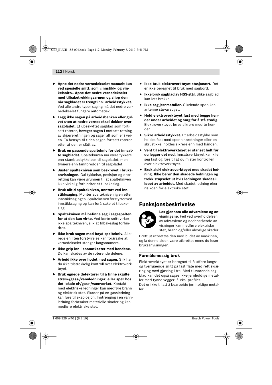 Funksjonsbeskrivelse | Bosch GKS 160 Professional User Manual | Page 112 / 333