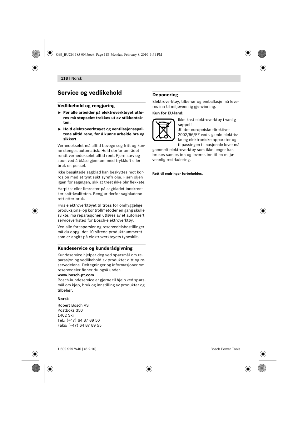 Service og vedlikehold | Bosch GKS 160 Professional User Manual | Page 118 / 333