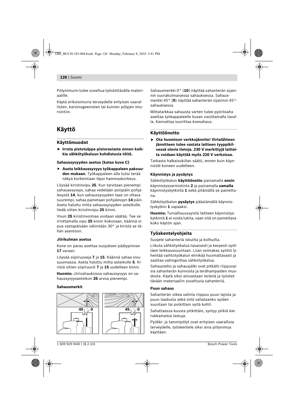 Käyttö | Bosch GKS 160 Professional User Manual | Page 126 / 333