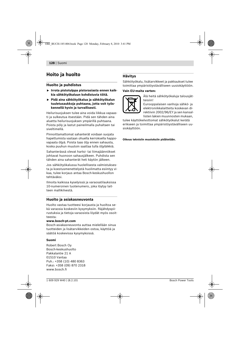 Hoito ja huolto | Bosch GKS 160 Professional User Manual | Page 128 / 333