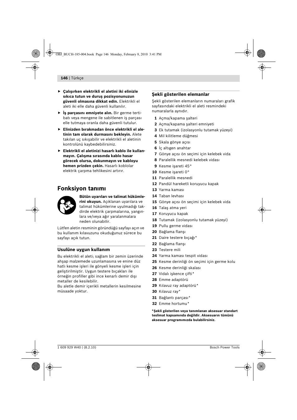 Fonksiyon tan m | Bosch GKS 160 Professional User Manual | Page 146 / 333