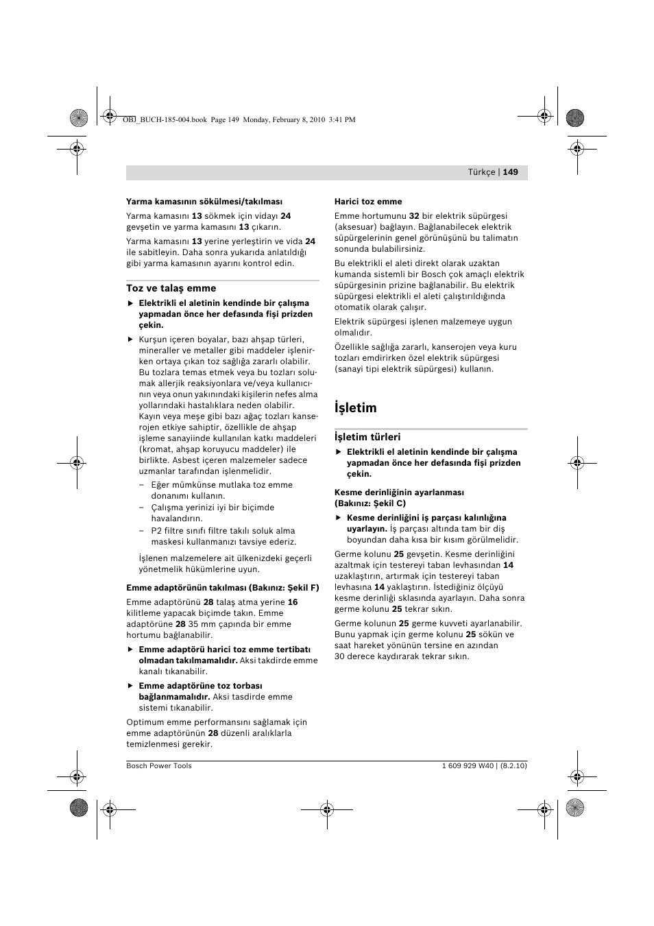 Işletim | Bosch GKS 160 Professional User Manual | Page 149 / 333