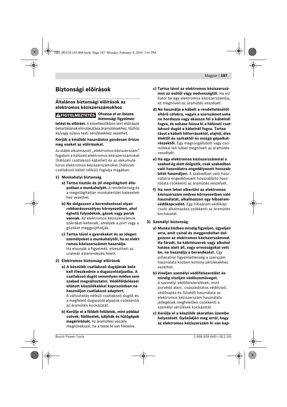 Biztonsági előírások | Bosch GKS 160 Professional User Manual | Page 187 / 333