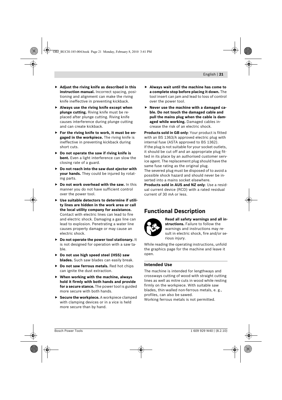 Functional description | Bosch GKS 160 Professional User Manual | Page 21 / 333