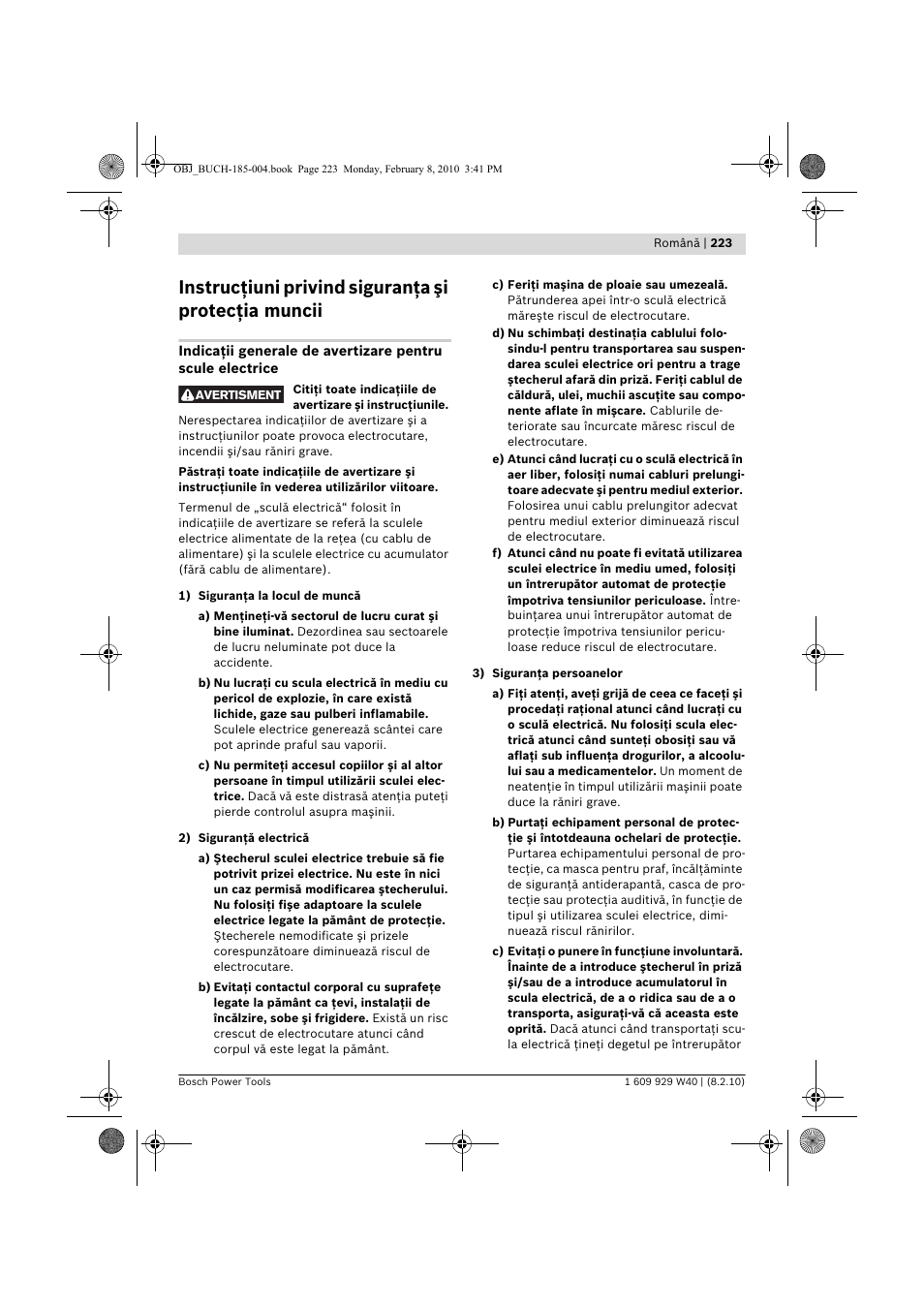 Instrucţiuni privind siguranţa şi protecţia muncii | Bosch GKS 160 Professional User Manual | Page 223 / 333