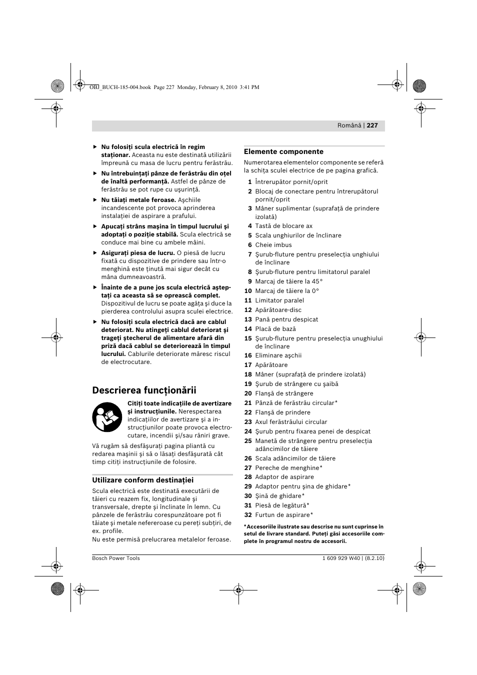 Descrierea funcţionării | Bosch GKS 160 Professional User Manual | Page 227 / 333