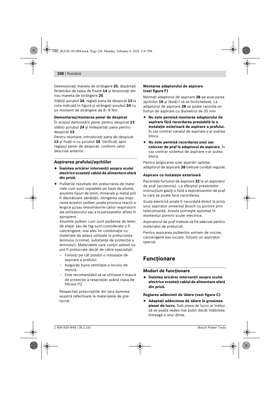 Funcţionare | Bosch GKS 160 Professional User Manual | Page 230 / 333