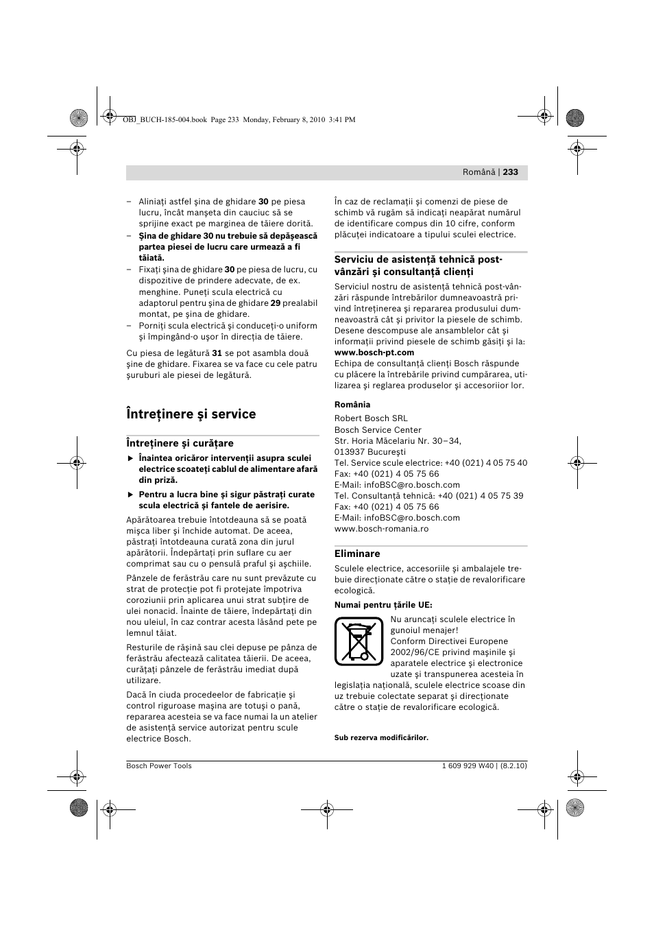 Întreţinere şi service | Bosch GKS 160 Professional User Manual | Page 233 / 333