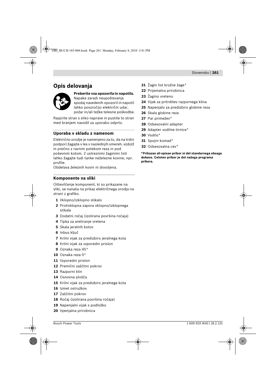 Opis delovanja | Bosch GKS 160 Professional User Manual | Page 261 / 333