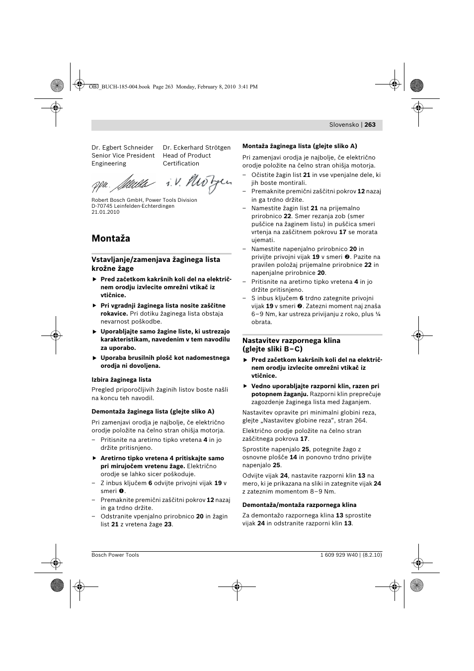 Montaža | Bosch GKS 160 Professional User Manual | Page 263 / 333