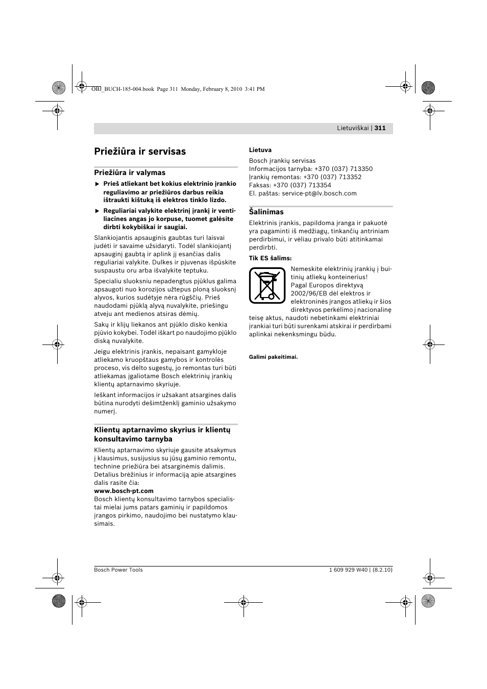 Priežiūra ir servisas | Bosch GKS 160 Professional User Manual | Page 311 / 333