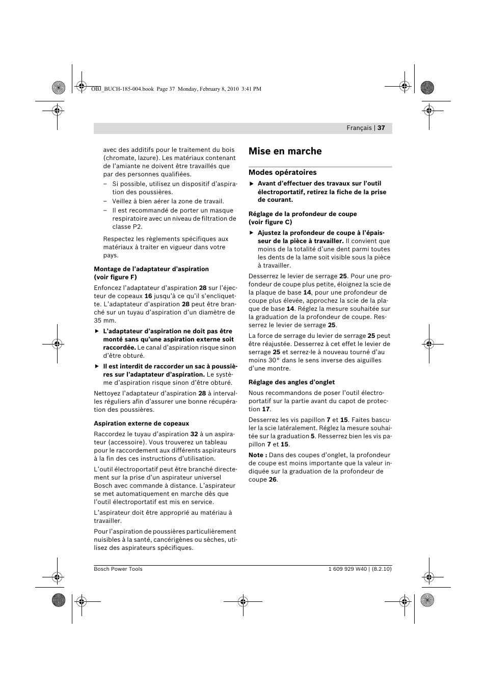 Mise en marche | Bosch GKS 160 Professional User Manual | Page 37 / 333