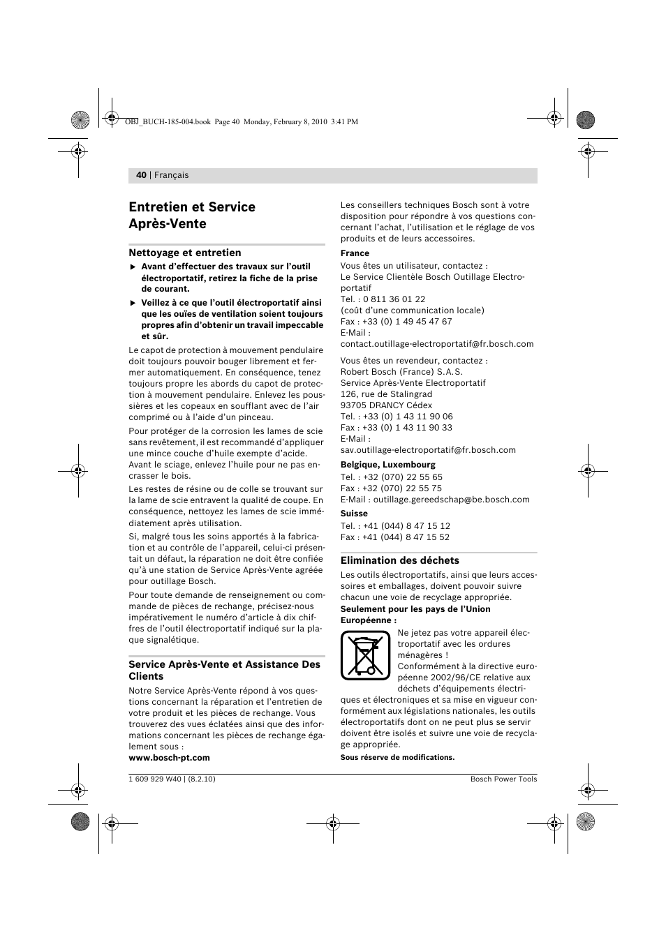 Entretien et service après-vente | Bosch GKS 160 Professional User Manual | Page 40 / 333