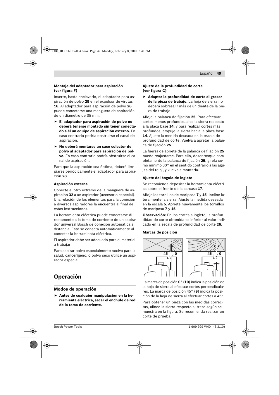 Operación | Bosch GKS 160 Professional User Manual | Page 49 / 333