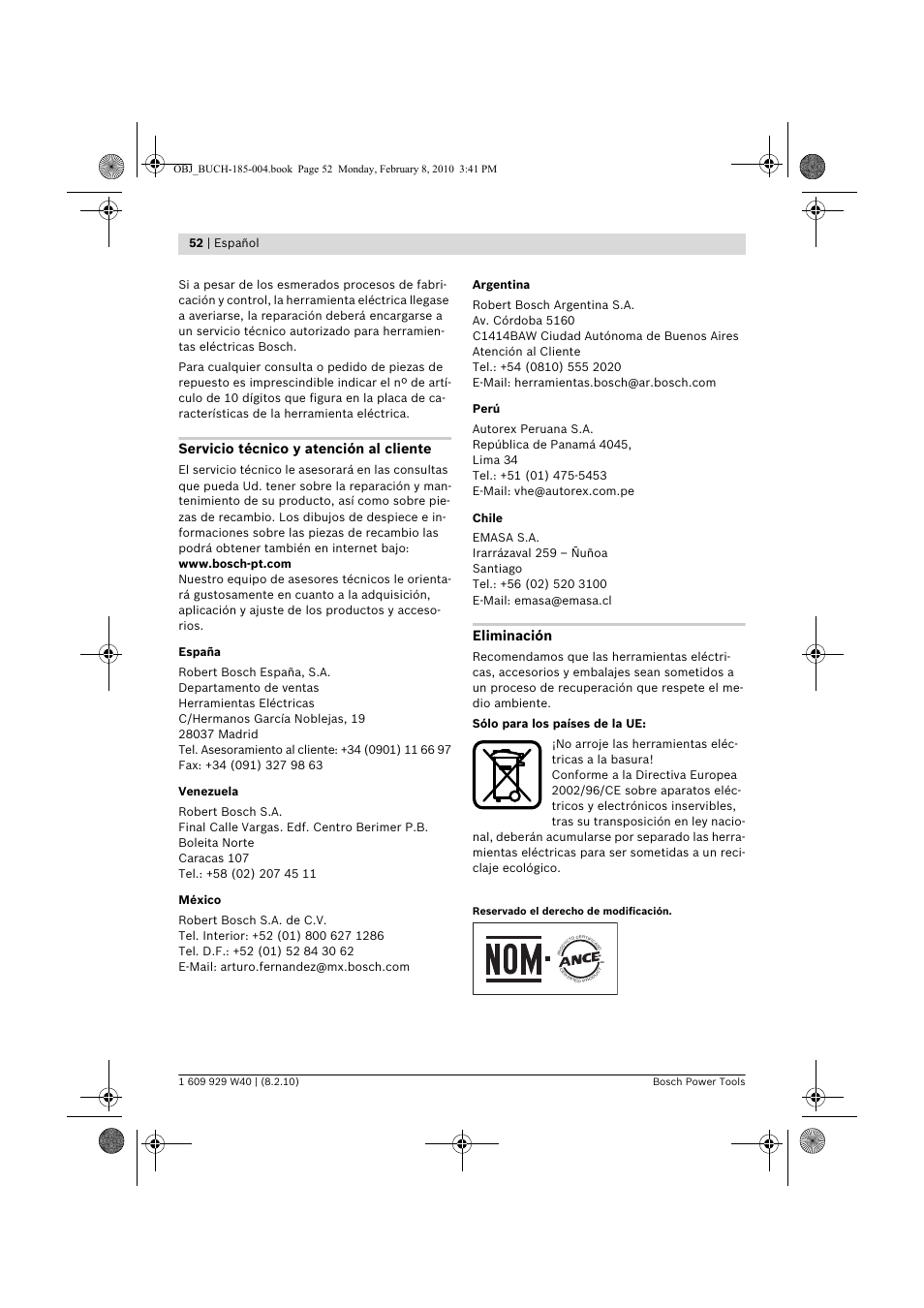 Servicio técnico y atención al cliente, Eliminación, 52 | español | Bosch GKS 160 Professional User Manual | Page 52 / 333