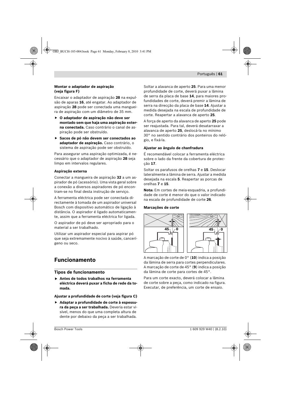 Funcionamento | Bosch GKS 160 Professional User Manual | Page 61 / 333