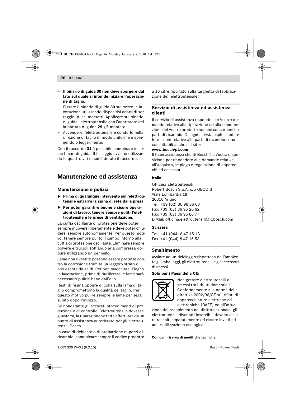 Manutenzione ed assistenza | Bosch GKS 160 Professional User Manual | Page 76 / 333