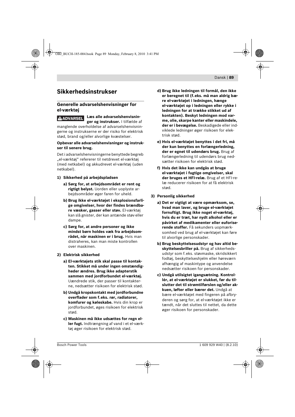 Sikkerhedsinstrukser | Bosch GKS 160 Professional User Manual | Page 89 / 333