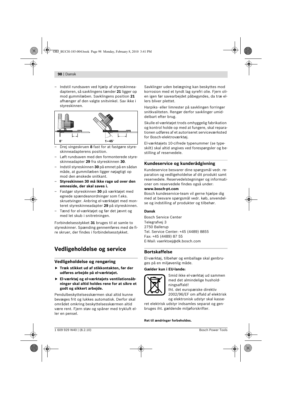 Vedligeholdelse og service | Bosch GKS 160 Professional User Manual | Page 98 / 333