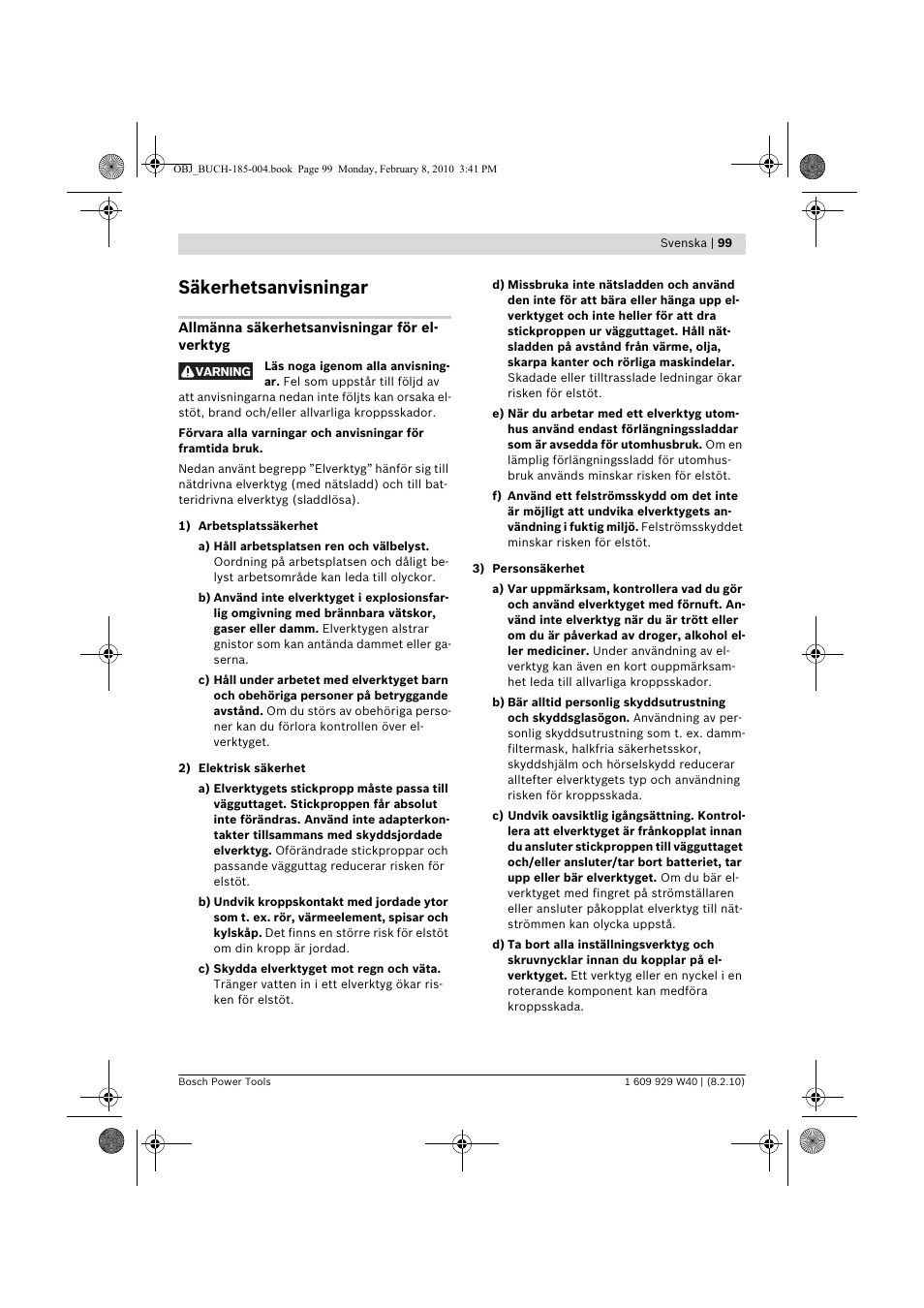 Säkerhetsanvisningar | Bosch GKS 160 Professional User Manual | Page 99 / 333