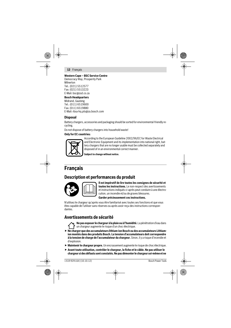 Français, Description et performances du produit, Avertissements de sécurité | Bosch AL 1115 CV User Manual | Page 12 / 108
