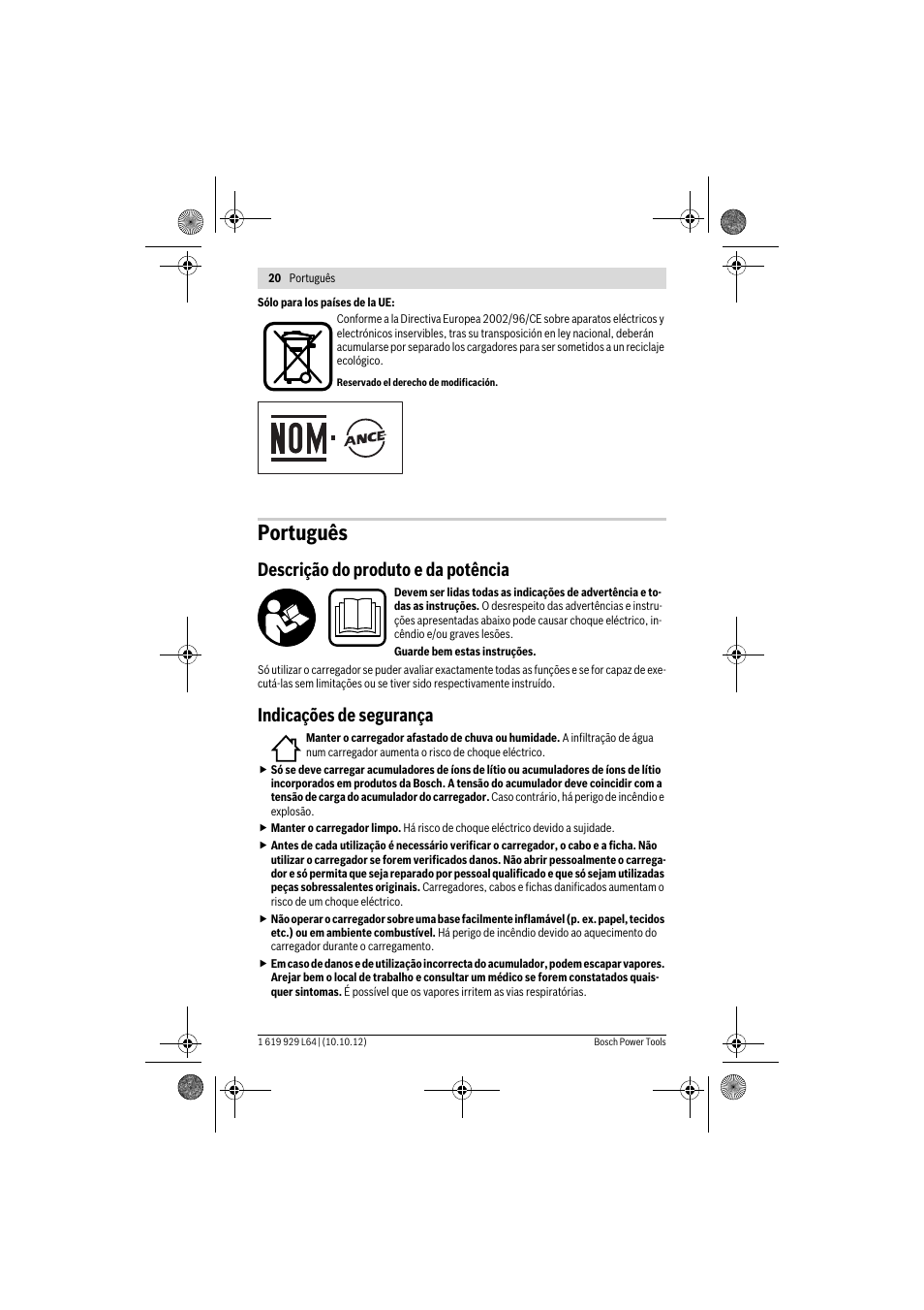 Português, Descrição do produto e da potência, Indicações de segurança | 20 | português | Bosch AL 1115 CV User Manual | Page 20 / 108