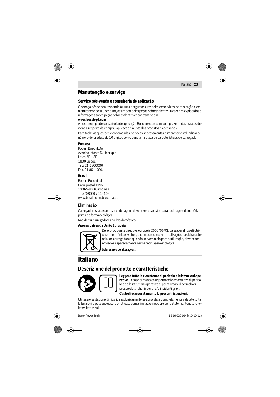 Italiano, Manutenção e serviço, Descrizione del prodotto e caratteristiche | Bosch AL 1115 CV User Manual | Page 23 / 108