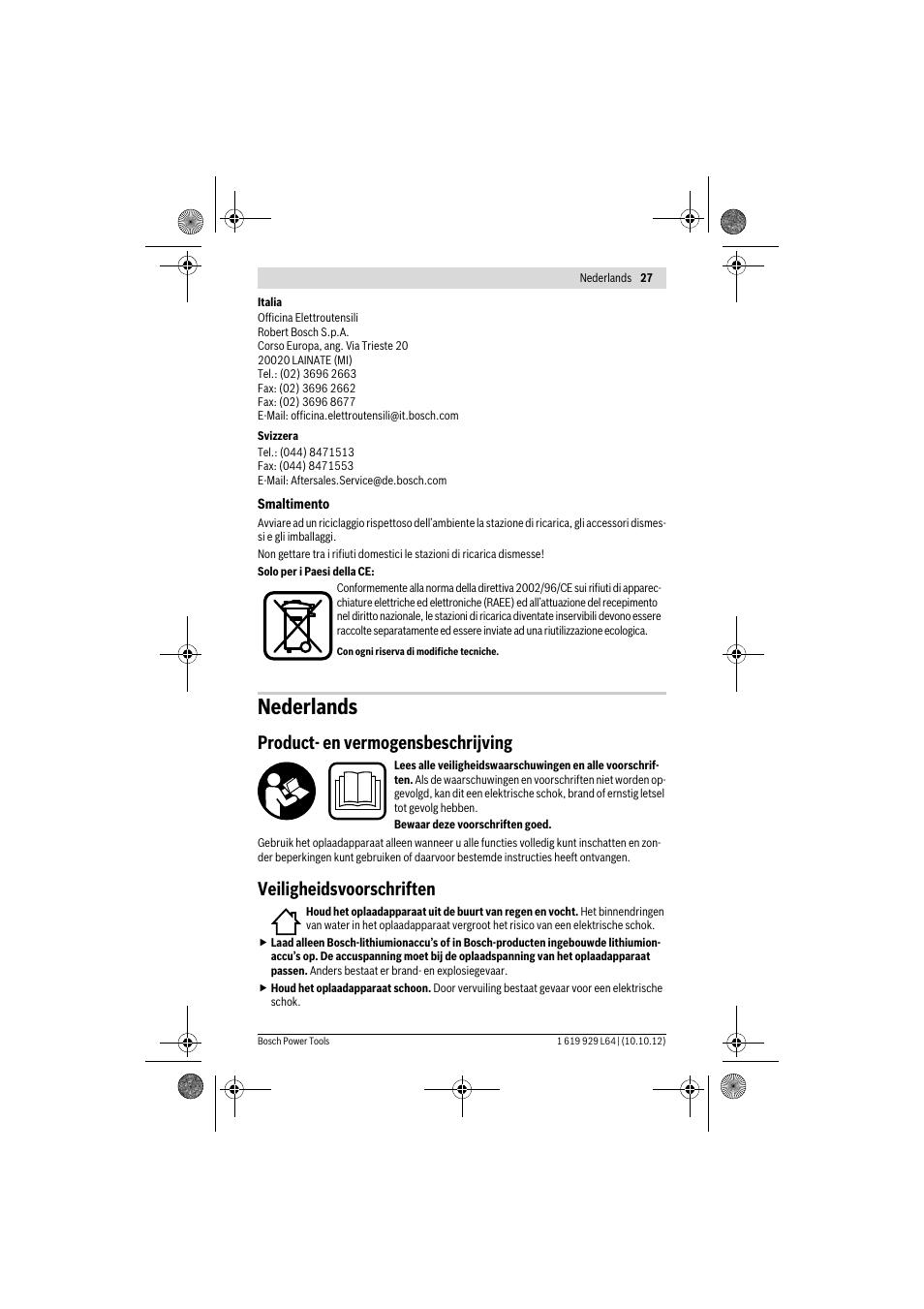 Nederlands, Product- en vermogensbeschrijving, Veiligheidsvoorschriften | Bosch AL 1115 CV User Manual | Page 27 / 108