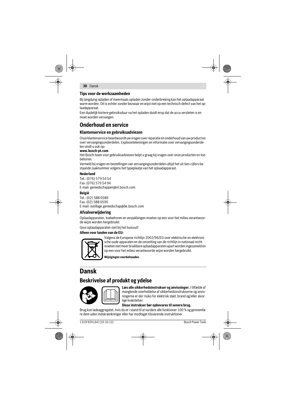 Dansk, Onderhoud en service, Beskrivelse af produkt og ydelse | Bosch AL 1115 CV User Manual | Page 30 / 108