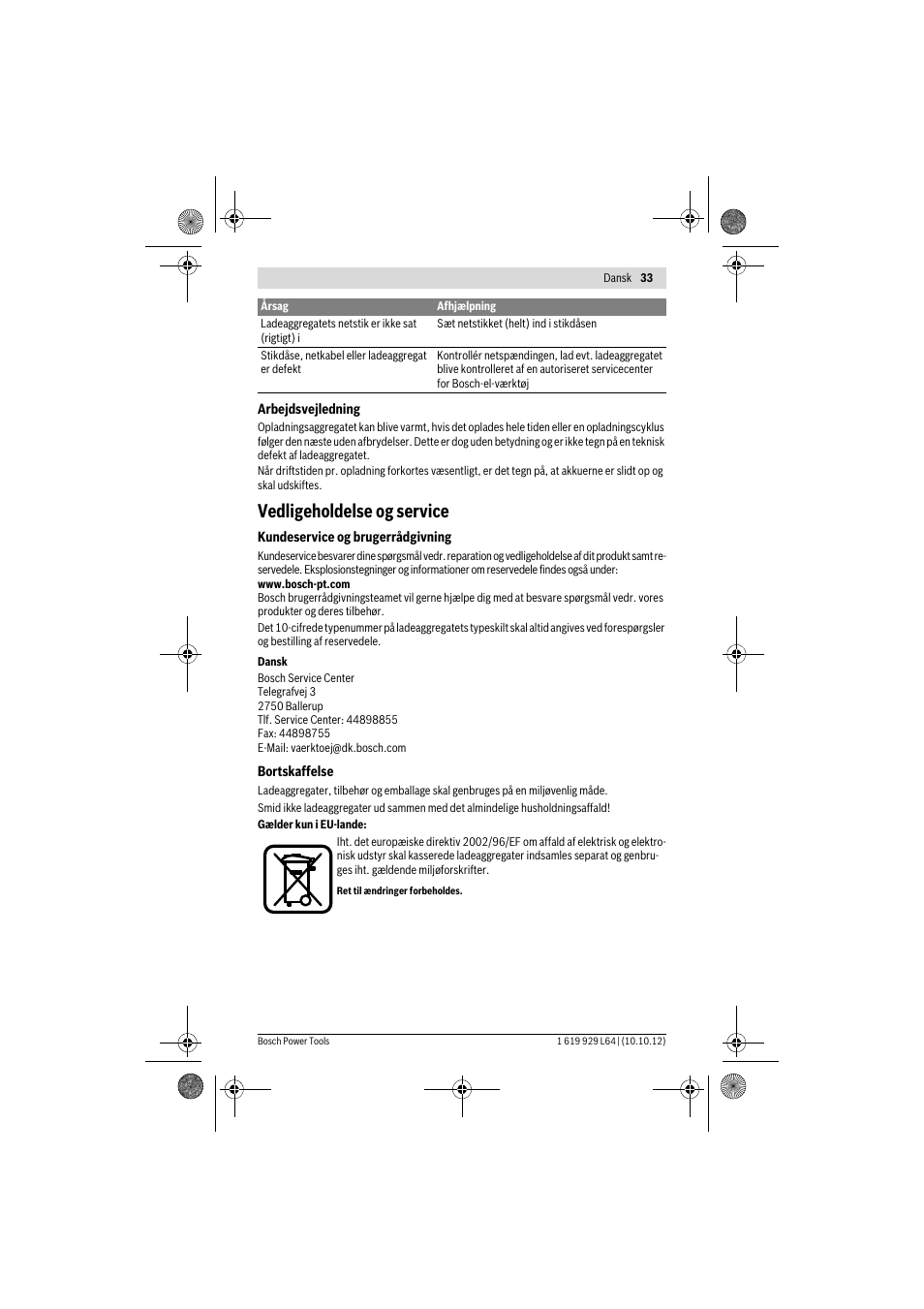 Vedligeholdelse og service | Bosch AL 1115 CV User Manual | Page 33 / 108