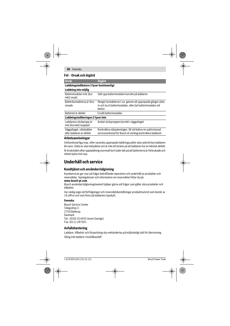 Underhåll och service | Bosch AL 1115 CV User Manual | Page 36 / 108