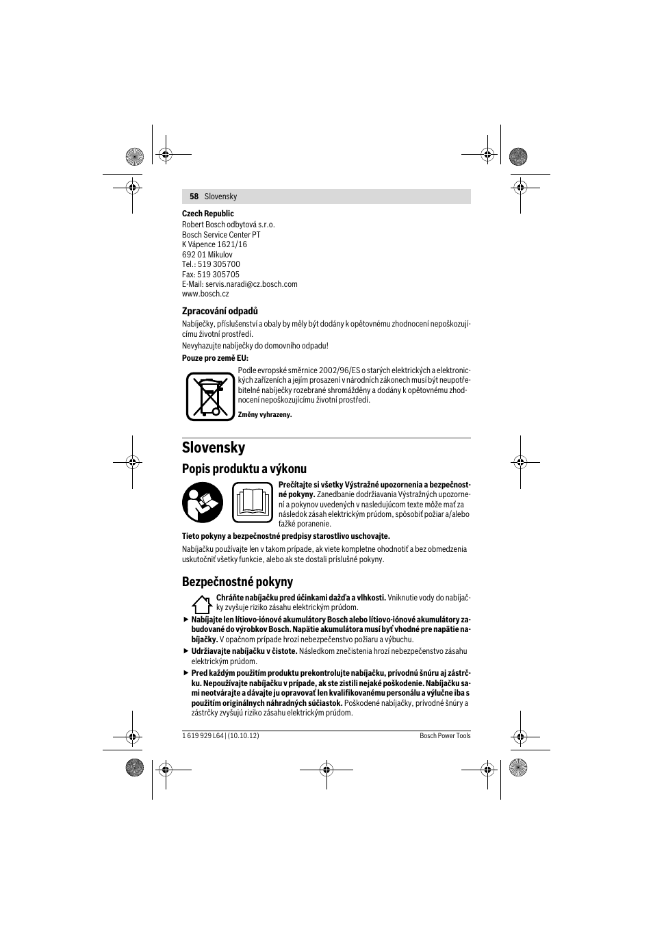Slovensky, Popis produktu a výkonu, Bezpečnostné pokyny | Bosch AL 1115 CV User Manual | Page 58 / 108