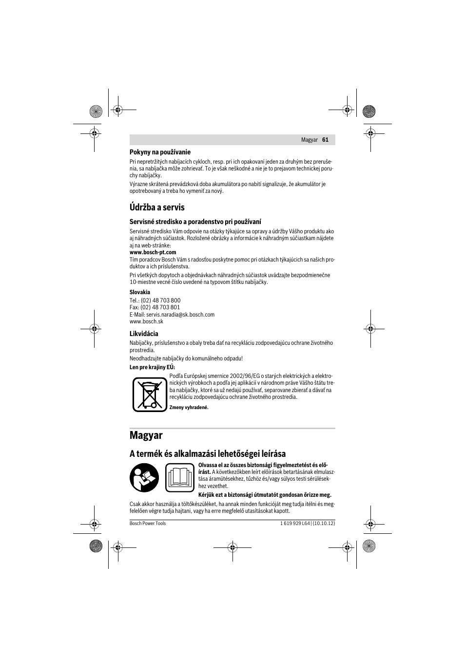 Magyar, Údržba a servis, A termék és alkalmazási lehetőségei leírása | Bosch AL 1115 CV User Manual | Page 61 / 108