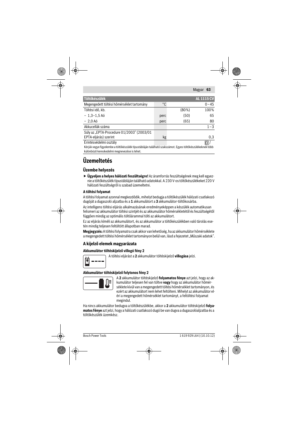 Üzemeltetés | Bosch AL 1115 CV User Manual | Page 63 / 108