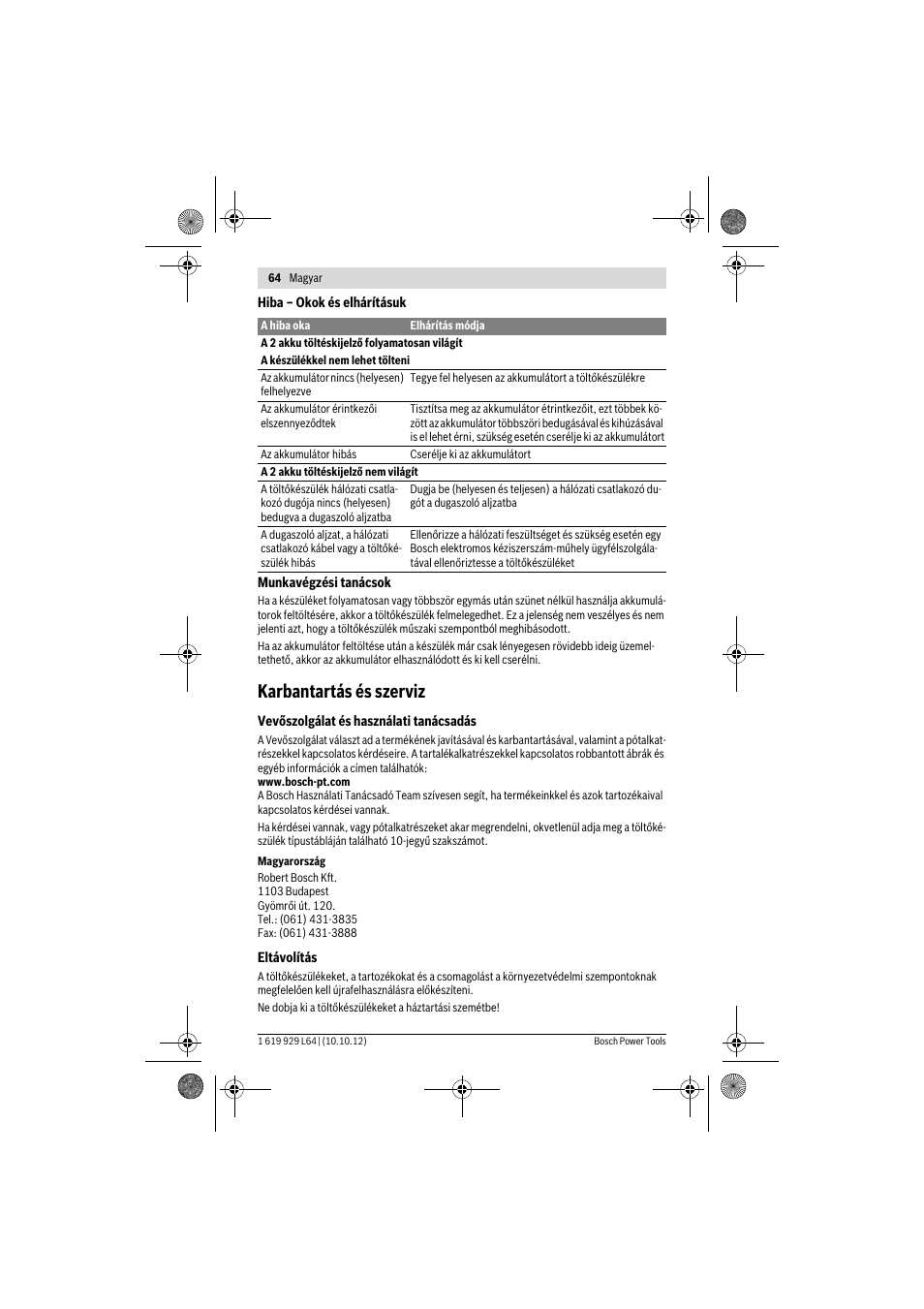 Karbantartás és szerviz | Bosch AL 1115 CV User Manual | Page 64 / 108