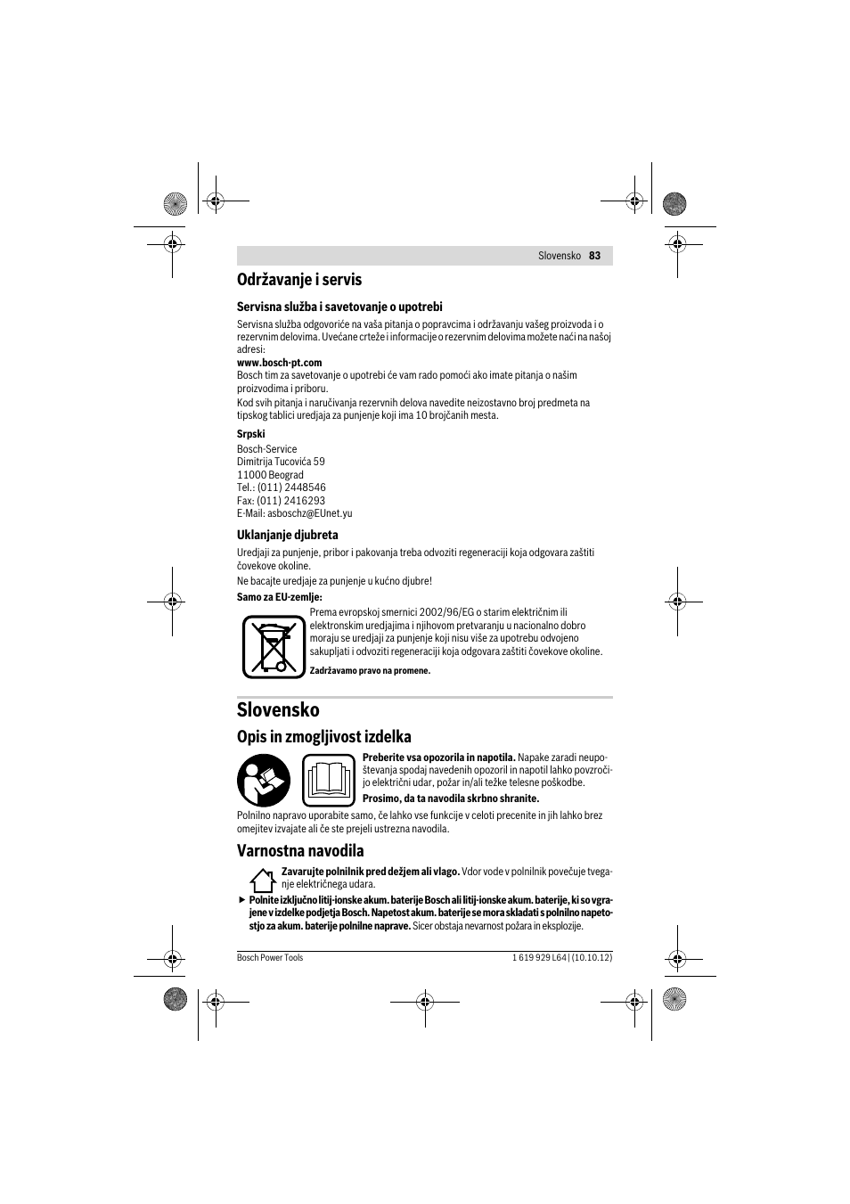Slovensko, Održavanje i servis, Opis in zmogljivost izdelka | Varnostna navodila | Bosch AL 1115 CV User Manual | Page 83 / 108