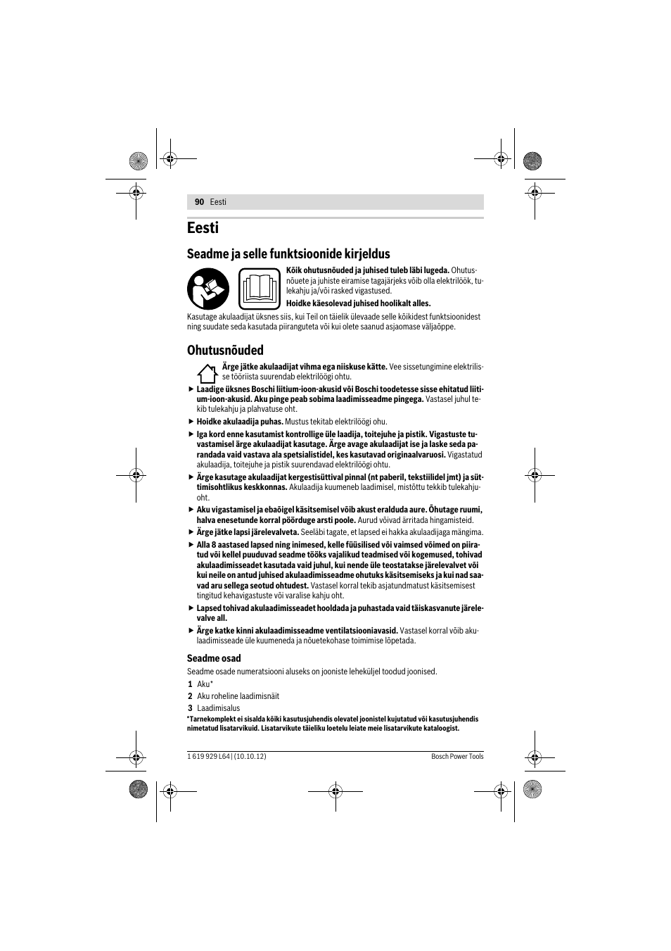 Eesti, Seadme ja selle funktsioonide kirjeldus, Ohutusnõuded | Bosch AL 1115 CV User Manual | Page 90 / 108